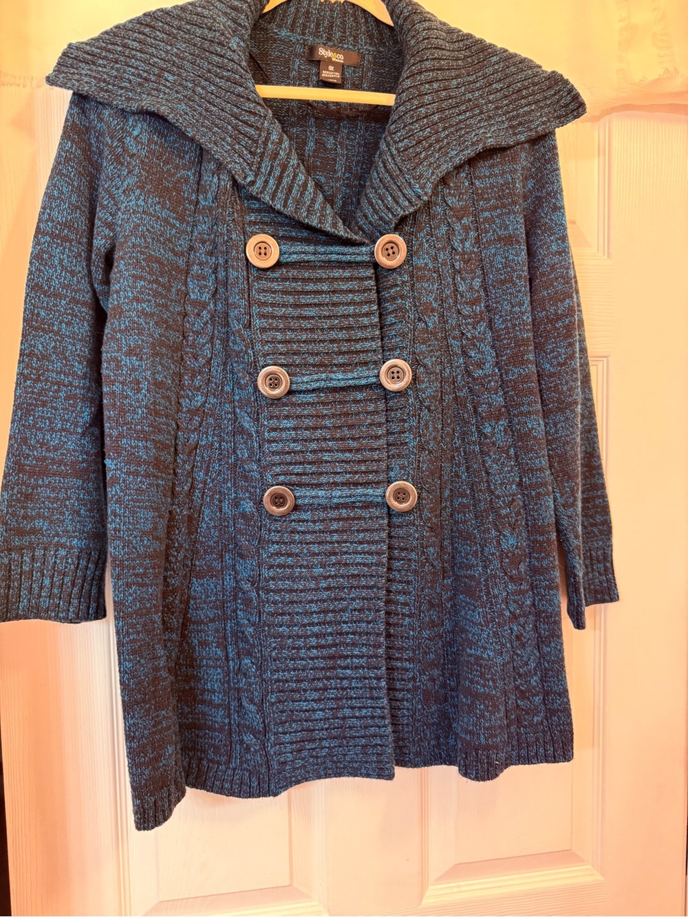 Style & Co. Teal-Black Double-Breasted Cable Knit Cardigan-Women’s Sz OX